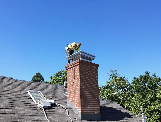 Eastlake Chimney Sweep technician measuring a chimney cap in Eastlake, OH