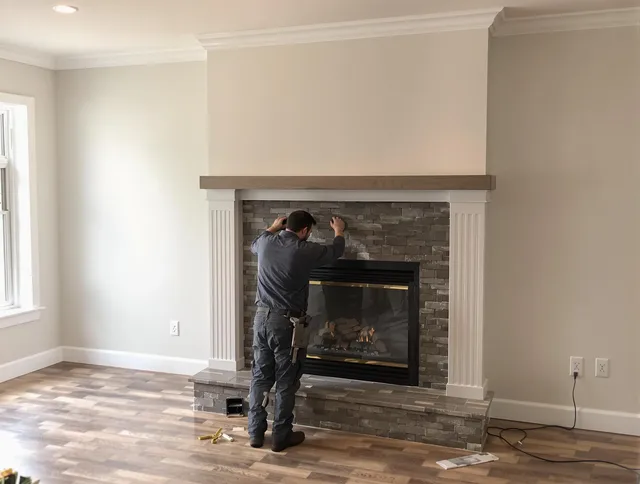 Eastlake Chimney Sweep finishing a custom fireplace install in Eastlake, OH